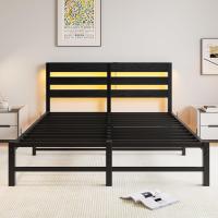 Marco de cama doble con estación de carga y luces LED, plataforma de metal resistente, marco de cama doble de 135 x 190 cm con cabecero de madera con almacenamiento, no necesita - details 37
