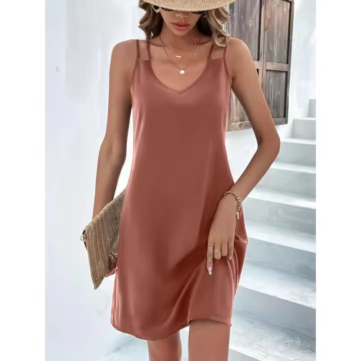 Vestido de verano nuevo, elegante, entallado, sin mangas y con cuello en V - 1