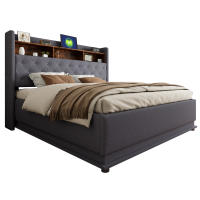 Cama tapizada LED 180 x 200 cm, Cama acolchada con puerto de carga USB y almacenamiento hidráulico, tela de lino agradable para la piel, Gris (Sin colchón) - details 4
