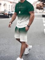 Hombres de dos piezas de color degradado monograma traje casual cuello redondo camiseta de manga corta con pantalones cortos de moda y cómodo - details 2