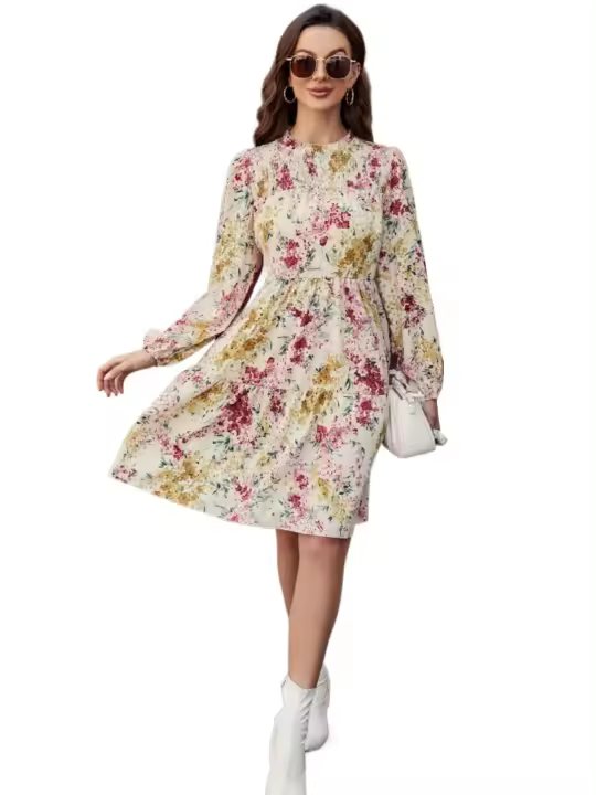 Vestido de manga larga para mujer, falda de pastel floral informal elegante para moda joven nueva - 1