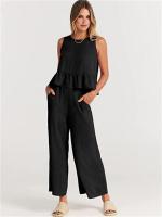 Conjunto casual de verano para mujer, top sin mangas plisado y pantalones cortos de pierna ancha - details 64