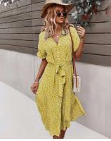 Verano Mujer ral estampado pantalón corto Casual manga botón vacaciones Midi vestidos mujer cuello pico playa vestido bata - details 5