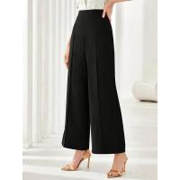 Pantalones de vestir coreanos elásticos cómodos y elegantes de cintura alta anchos de pierna recta marrón para mujer - details 9