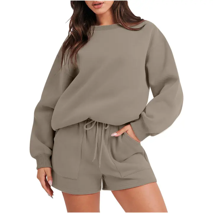 Traje de mujer, cuello redondo, mangas, ropa deportiva holgada, pantalones cortos largos de moda para mujer - 1
