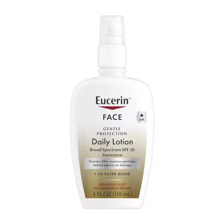 Loción de protección diaria Eucerin con protector solar SPF 30 de amplio espectro, protector solar facial que hidrata y ayuda a proteger la piel sensible, - 1