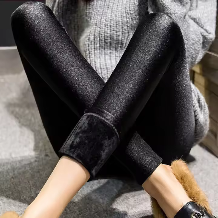 Leggings gruesos de otoño e invierno, pantalones ajustados lisos a la moda, mallas cálidas de lana para mujer, mallas informales negras brillantes de cintura alta - 1