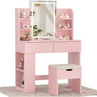 Tocador de Maquillaje con Luces LED, Brillo Ajustable, Mesa de Maquillaje con Espejo, con 2 Cajones Grandes y 4 Estantes Abiertos y Taquilla Lateral, Moderno, 90x40x135cm, Blanco - details 32