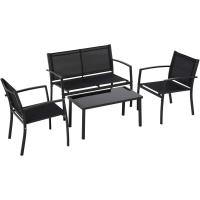 Conjunto Exterior de Muebles de Jardín 4 Piezas Sofá de 2 Plazas Taburete de Vidrio Templado Negro - details 0