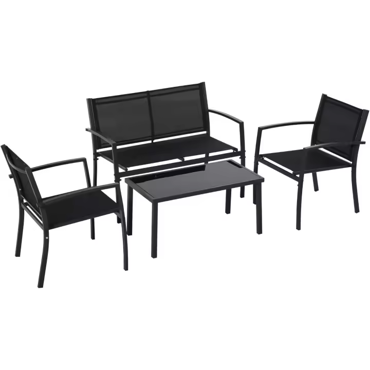 Conjunto Exterior de Muebles de Jardín 4 Piezas Sofá de 2 Plazas Taburete de Vidrio Templado Negro - 1