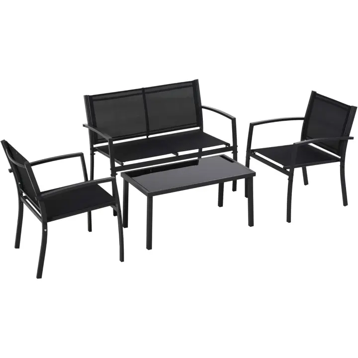 Conjunto Exterior de Muebles de Jardín 4 Piezas Sofá de 2 Plazas Taburete de Vidrio Templado Negro - 1