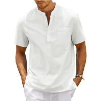 Camisa De Algodón Y Lino Para Hombre Estilo Casual Vintage Con Bolsillo Y Cuello Henley Camiseta De Color Sólido Para Playa Y Calle - details 7