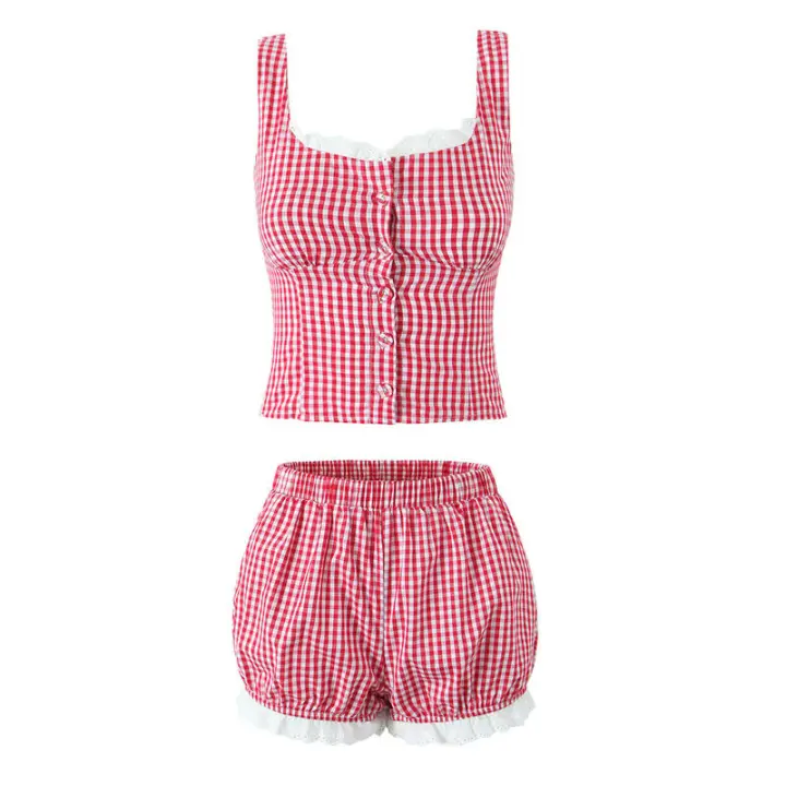 Top corto de algodón de verano 2025 con botones delanteros, camiseta sin mangas a cuadros negros y rojos para mujer - 1