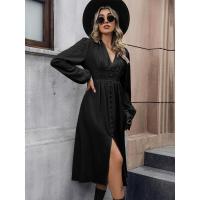 Vestido Elegante de Color Sólido para Mujer Primavera Otoño 2025 Cuello en V Manga Larga con Abertura Promoción - details 10