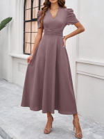 Primavera Verano elegante cintura con cuello en V Color sólido vestido de manga corta moda mujer - details 6