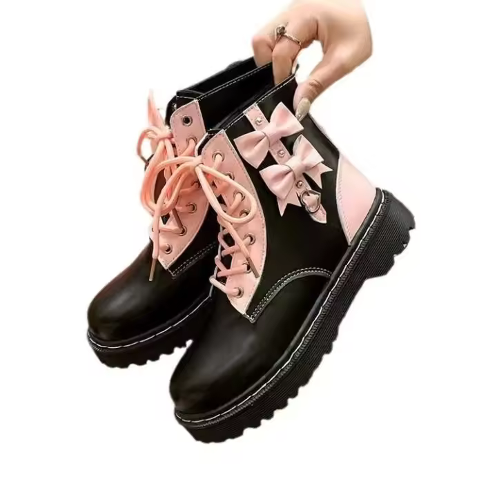 Tobillo con lazo rosa para mujer en otoño, botas cortas de suela gruesa de cuero PU - 1
