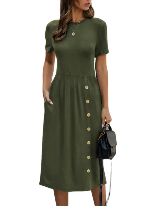 Vestido de punto casual para mujer con botón de color liso, verano - 1
