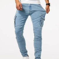 Jeans de Cargo de Denim Pantalones Casuales para Hombres de Cintura Media, Ajuste Delgado, Múltiples Bolsillos, Color Sólido - details 1