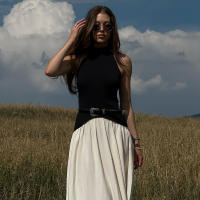 BUNO-Vestido de retazos con contraste de gato extraño para mujer, vestido Halter con espalda descubierta, sin mangas, dobladillo plisado, tendencia de vacaciones, informal, elástico, básico, ceñido largo - details 2