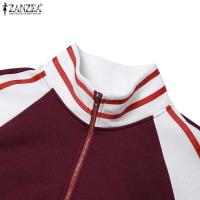 ZANZEA-vestido deportivo de primavera para mujer, vestido informal a la moda de manga larga con rayas en contraste, vestido Midi con cuello levantado y cordón en la cintura - details 9