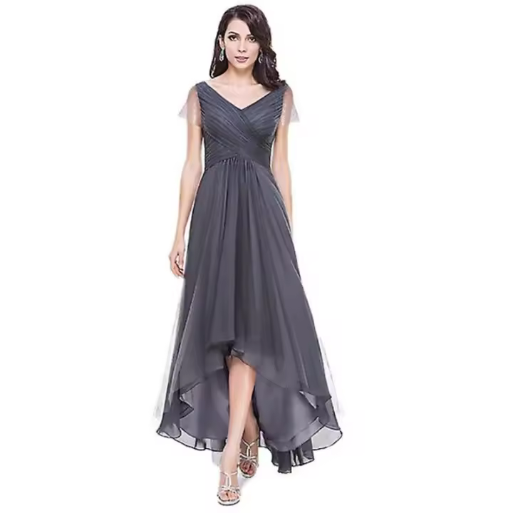 Women Long  Prom Dress V Neck Asymmetrical Bridesmaid Dress For Wedding Party Evening - 1