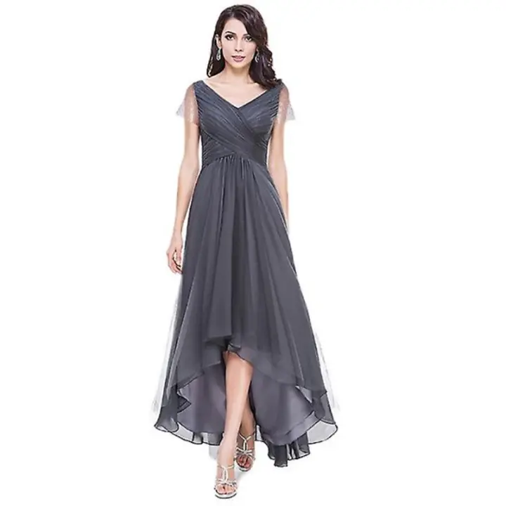 Women Long  Prom Dress V Neck Asymmetrical Bridesmaid Dress For Wedding Party Evening - 1