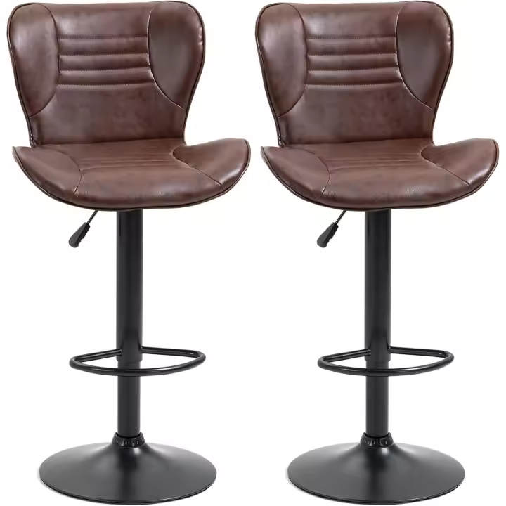 Juego de 2 Taburetes de Bar Tapizados en Cuero Sintético Taburetes Altos de Comedor Regulables en Altura Giratorios con Respaldo y Reposapiés 46,5x54x88-108 cm Marrón - 1