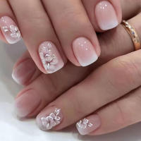 24 Piezas De Uñas Postizas Cortas Cuadradas Estilo Francés Con Flores + 1 Pegamento + 1 Lija Para Uñas - details 2