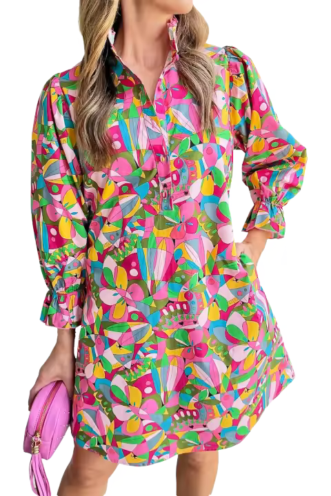 Elrachen Mini vestido de mujer con estampado abstracto y manga farol abotonada, rosa, tallas S-XL - 1