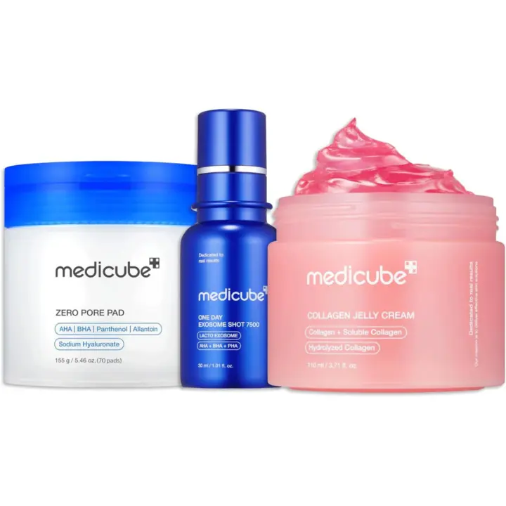 Medicube Affordable Value Trio para el cuidado de la textura y la textura: Pore Pads 2.0 Zero Exosome Shot 7,500 PPM Spicule Facial Serum and Collagen - 1