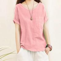 Camiseta Holgada de Lino y Algodón para Mujer Camisas de Manga Corta, Top Informal con Cuello Redondo, Verde Holgado, Top de Verano - details 2