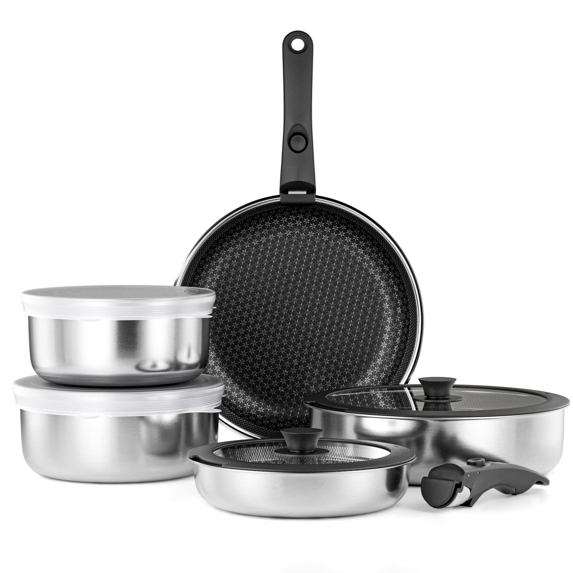 RIOVARM Acero inoxidable Juego de ollas y sartenes Inducción con asas Desmontables Cerámica Antiadherente Apilable Sartenes y ollas con Tapas Apto para hornos Apto para lavavajillas Sin PFOA