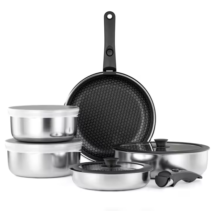 RIOVARM Acero inoxidable Juego de ollas y sartenes Inducción con asas Desmontables Cerámica Antiadherente Apilable Sartenes y ollas con Tapas Apto para hornos Apto para lavavajillas Sin PFOA - 1