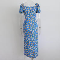 Vestido de mujer, novedad de verano 2025, vacaciones, pausa para el té, cuello cuadrado, falda de longitud media, mangas de burbuja, vestido con abertura Floral francés - details 9