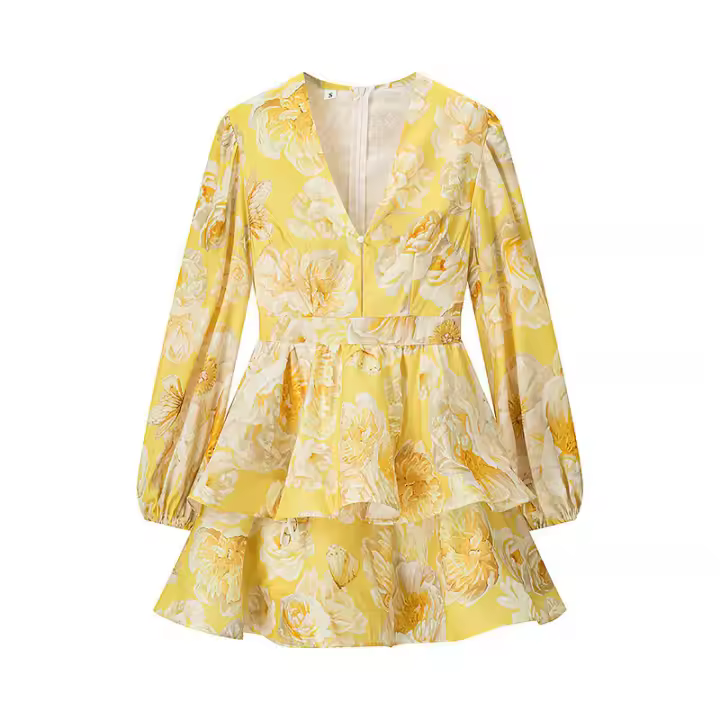 BUNO-Mini vestido estampado de manga acampanada con cuello en V para mujer, vestido plisado de cintura alta, vestido de fiesta de noche de verano, vestido de Club, moda Sexy - 1