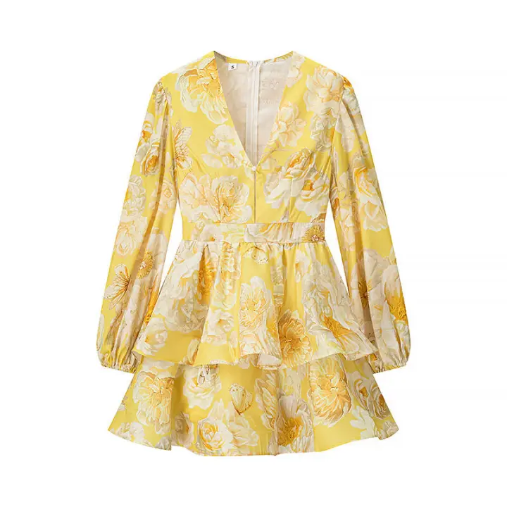 BUNO-Mini vestido estampado de manga acampanada con cuello en V para mujer, vestido plisado de cintura alta, vestido de fiesta de noche de verano, vestido de Club, moda Sexy - 1