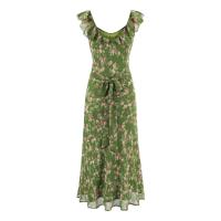 Estilo europeo y americano verano volantes hoja borde cuello en v chaleco vestido cintura correas finas floral vestido largo estilo de vacaciones - details 2