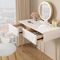 Tocador de Maquillaje con Espejo y Luz LED Iluminación Ajustable Conjunto de Mesa Tocador con Silla Terciopelo Blanco + Dorado - details 1