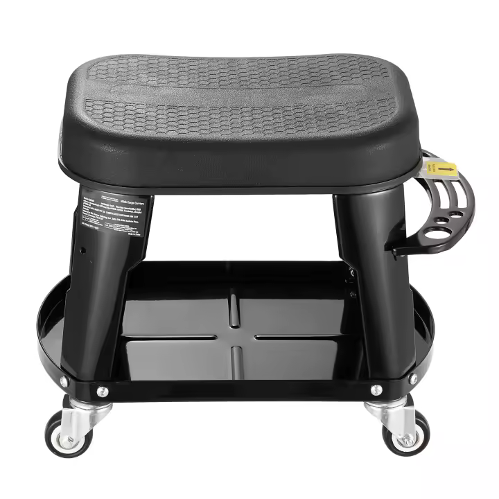 SucceBuy Taburete mecánico, asiento de garaje/taburete de trabajo con ruedas, capacidad de 300 libras, 360 °   Taburete giratorio para taller con bandeja para herramientas y estante para destornilladores, duradero, para garaje, taller y reparación de auto - 1