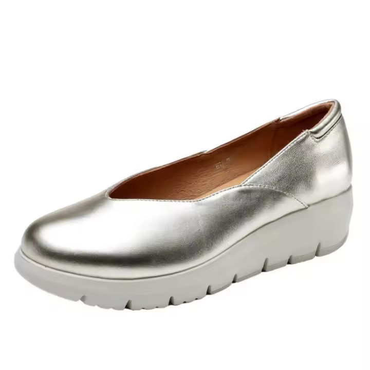 Zapatos de mujer, primavera 2025, nuevos zapatos de tacón de cuña puntiagudos de boca baja, zapatos de plataforma planos de mujer con suela gruesa, dorados y plateados. - 1