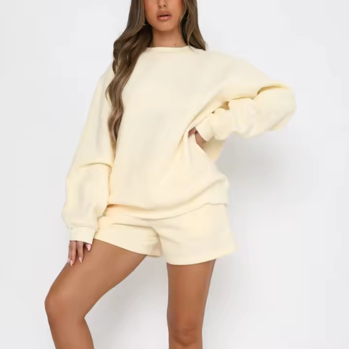 2025 primavera y otoño de las mujeres nuevo, Color sólido suelto y versátil Casual cuello redondo suéter pantalones cortos conjunto correr ropa deportiva - 1