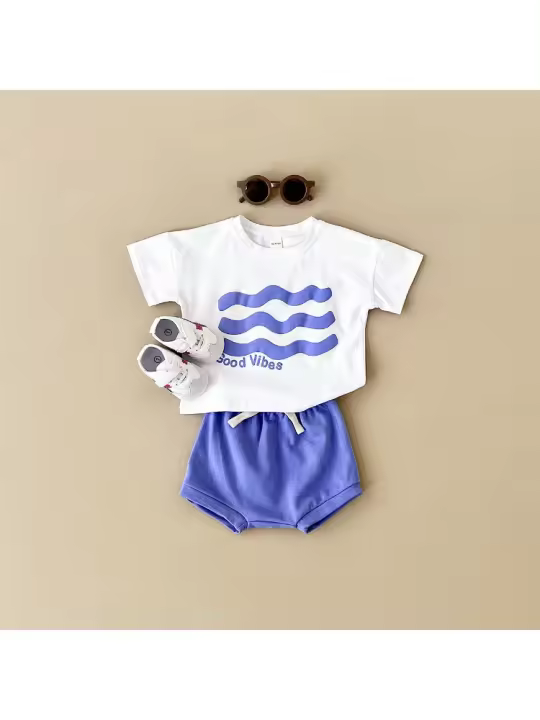 Ropa de bebé de verano Flor Sol Estampado de manga corta Pantalones cortos deportivos de color sólido Conjunto infantil - 1