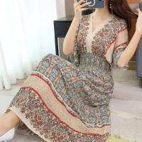 Casual bohemio estilo nacional con cuello en V cintura elástica gran Swing impreso verano Falda larga mujer vestido ropa - details 3