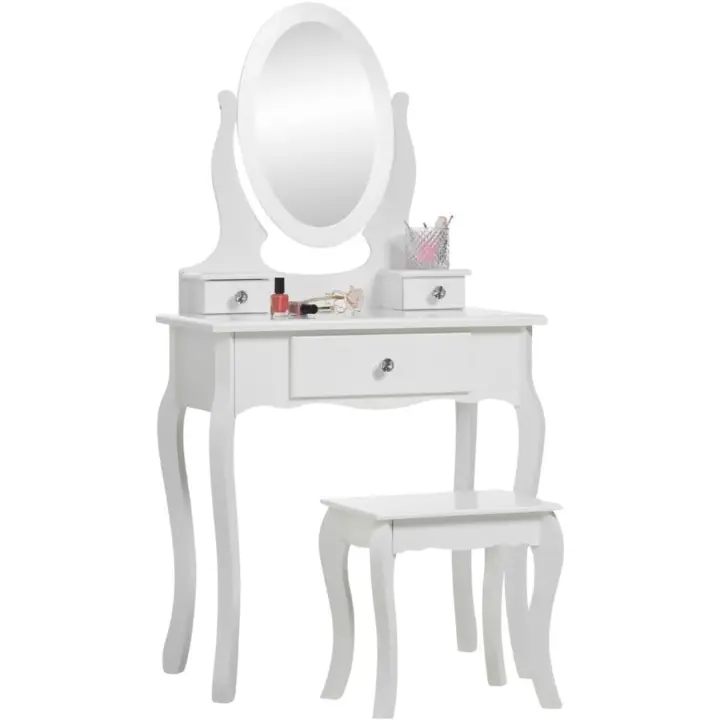 Tocador de Maquillaje Niña, Blanco Tocador Madera Niña 8 a 13 años, Tocador Maquillaje Pequeño con Taburete y Espejo, Muebles de Dormitorio para Infantil, Regalo di Compleanno - 1