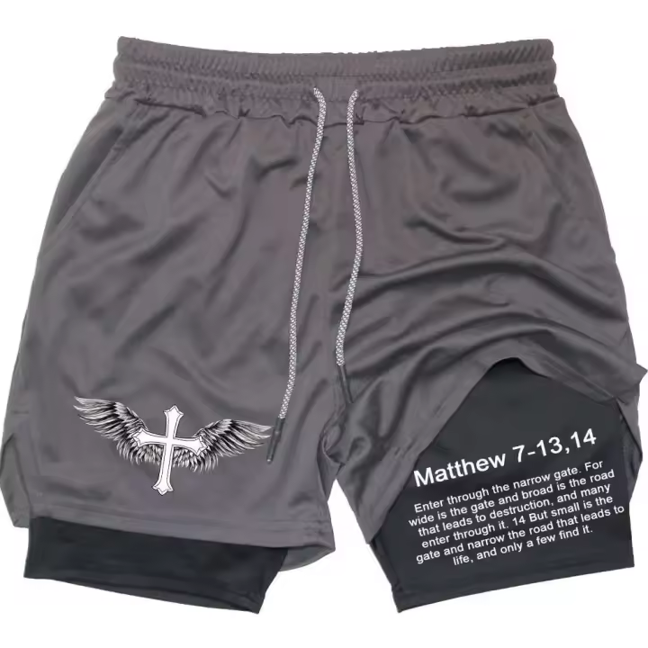 Pantalón corto deportivo de compresión 2 en 1 para hombre con estampado bíblico para gimnasio, entrenamiento y correr - 1