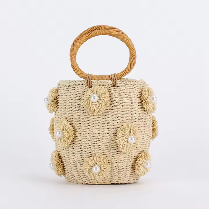 Bolso de mano de paja con perlas para mujer, bolso de muñeca con cordón, tejido a mano, bolso de playa para vacaciones de verano - 1