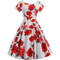 Summer floral print elegant a-line party women slim short sleeve swing vintage dress - details 8