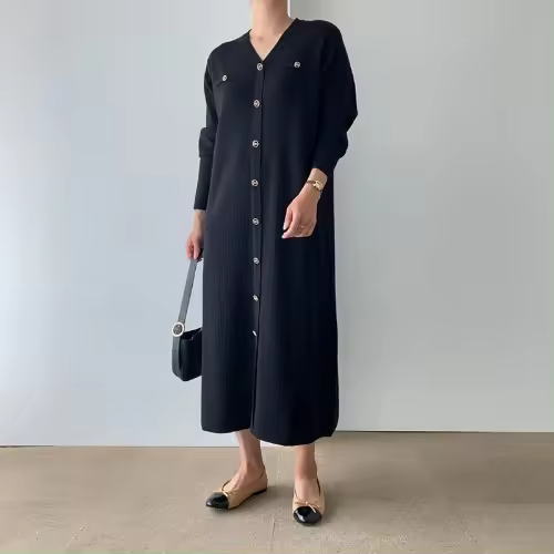 Vestido Largo de Punto Cálido con Cuello en V Cierre de Botón Único, Mango Largo, Moda de Commute para Mujeres - 1
