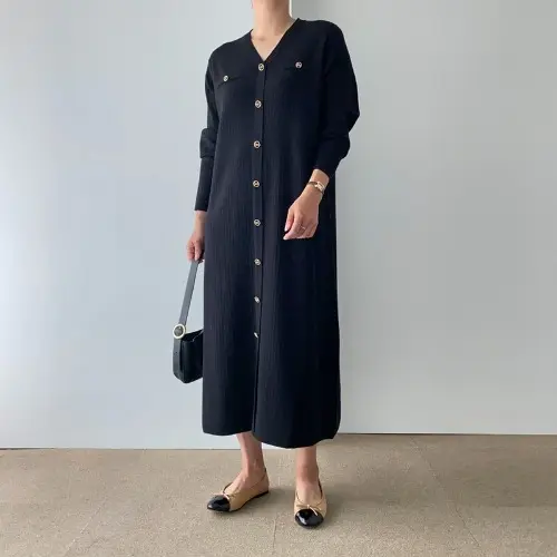 Vestido Largo de Punto Cálido con Cuello en V Cierre de Botón Único, Mango Largo, Moda de Commute para Mujeres - 1
