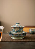 Ru kiln juego de kung fu de cerámica cubierto de tres piezas de peonía dorada de filigrana azul y blanca, juego de tazas de té de cuenco grande para el hogar - details 4